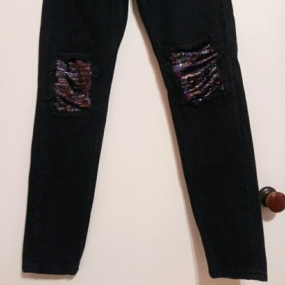 Glamorous High Waist Sequin Patch Distressed Skinny Jeans 4 Petite - Picture 4 of 14